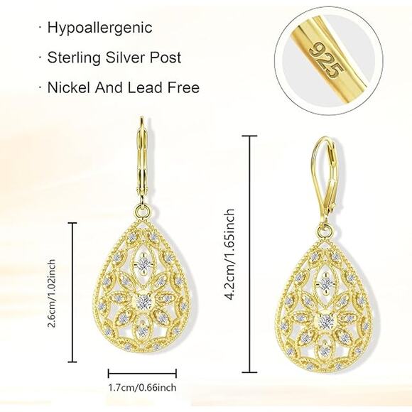 925 Sterling Filigree Teardrop Cubic Leverback Dangle Earrings for Women - Picture 4 of 5